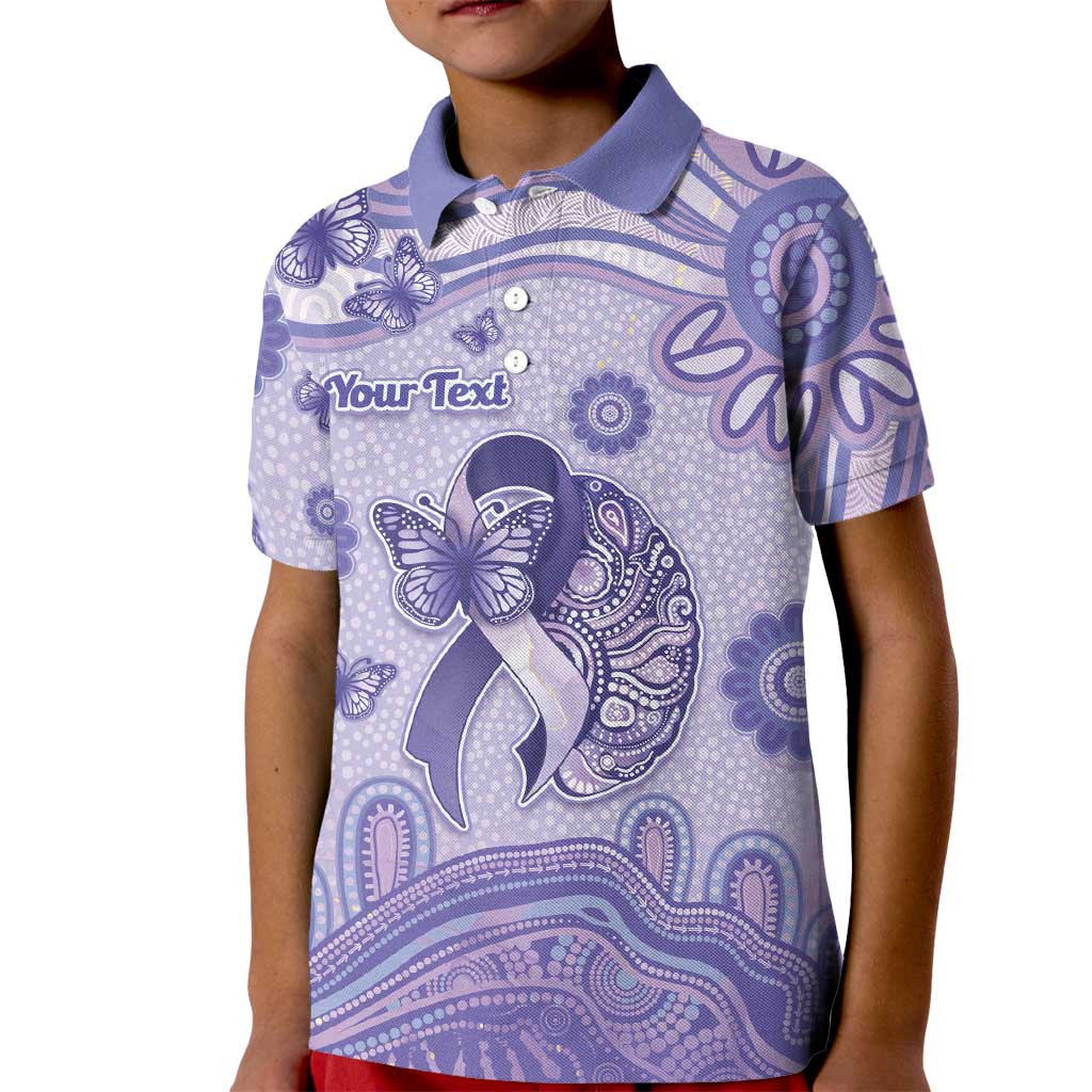 Personalised Epilepsy Awareness Kid Polo Shirt Purple Ribbon Butterfly And Brain Aboriginal Art