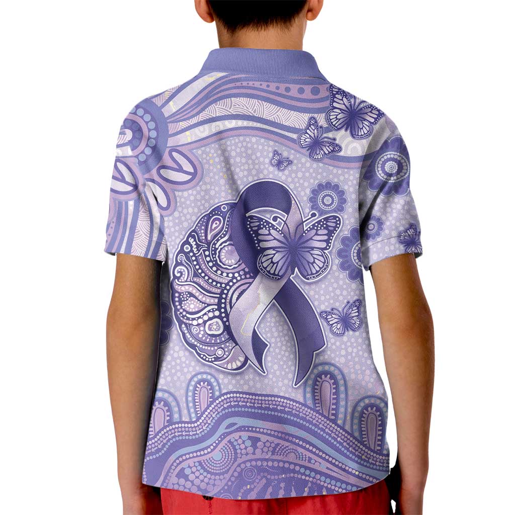 Personalised Epilepsy Awareness Kid Polo Shirt Purple Ribbon Butterfly And Brain Aboriginal Art