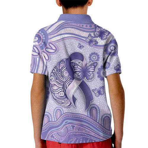 Personalised Epilepsy Awareness Kid Polo Shirt Purple Ribbon Butterfly And Brain Aboriginal Art