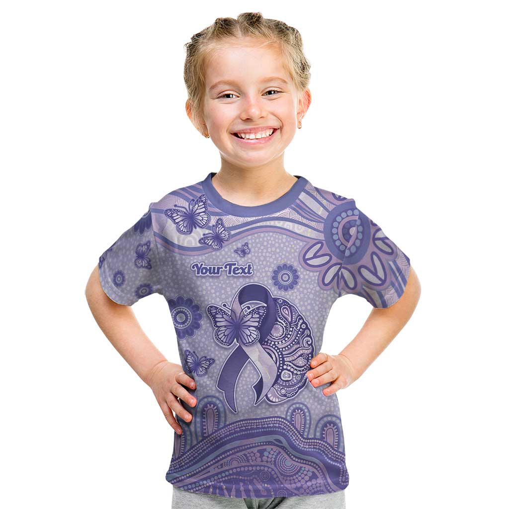 Personalised Epilepsy Awareness Kid T Shirt Purple Ribbon Butterfly And Brain Aboriginal Art