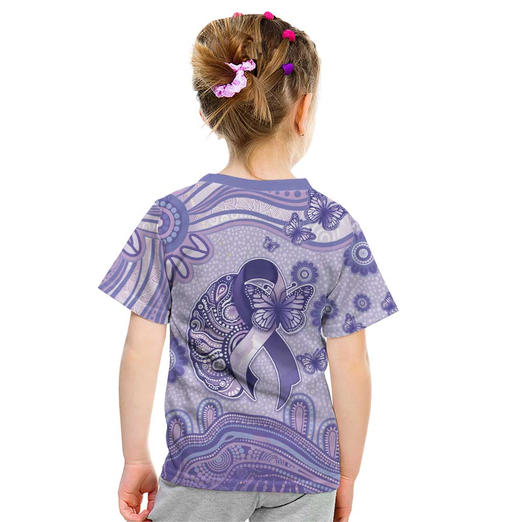 Personalised Epilepsy Awareness Kid T Shirt Purple Ribbon Butterfly And Brain Aboriginal Art