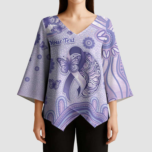 Personalised Epilepsy Awareness Kimono Sleeve Blouse Purple Ribbon Butterfly And Brain Aboriginal Art