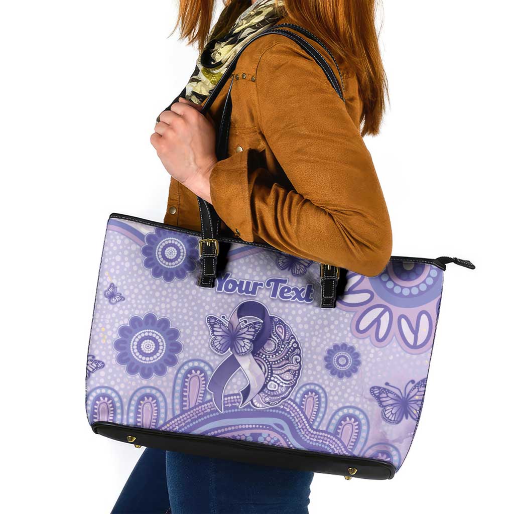 Personalised Epilepsy Awareness Leather Tote Bag Purple Ribbon Butterfly And Brain Aboriginal Art