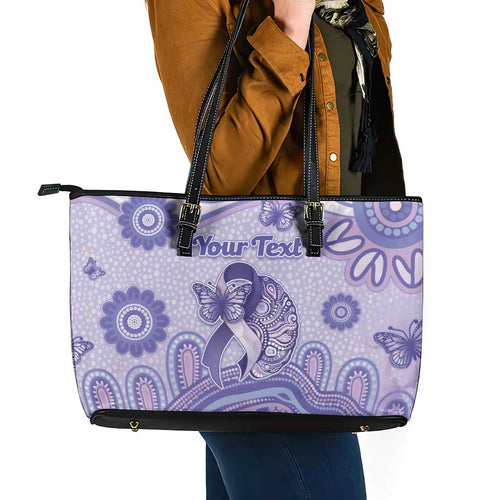 Personalised Epilepsy Awareness Leather Tote Bag Purple Ribbon Butterfly And Brain Aboriginal Art