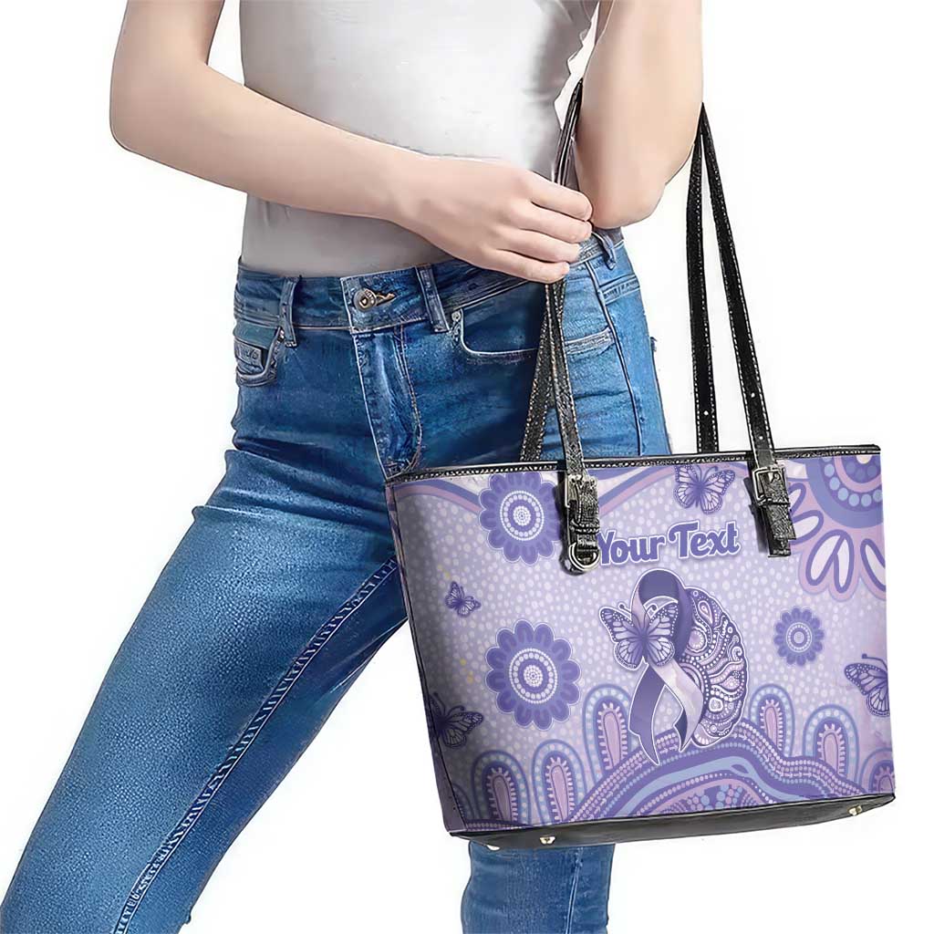 Personalised Epilepsy Awareness Leather Tote Bag Purple Ribbon Butterfly And Brain Aboriginal Art