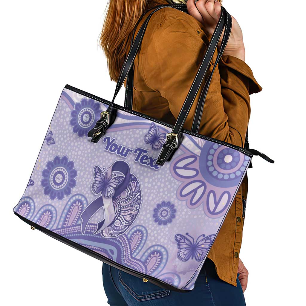 Personalised Epilepsy Awareness Leather Tote Bag Purple Ribbon Butterfly And Brain Aboriginal Art
