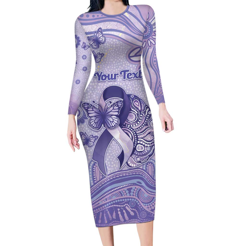 Personalised Epilepsy Awareness Long Sleeve Bodycon Dress Purple Ribbon Butterfly And Brain Aboriginal Art