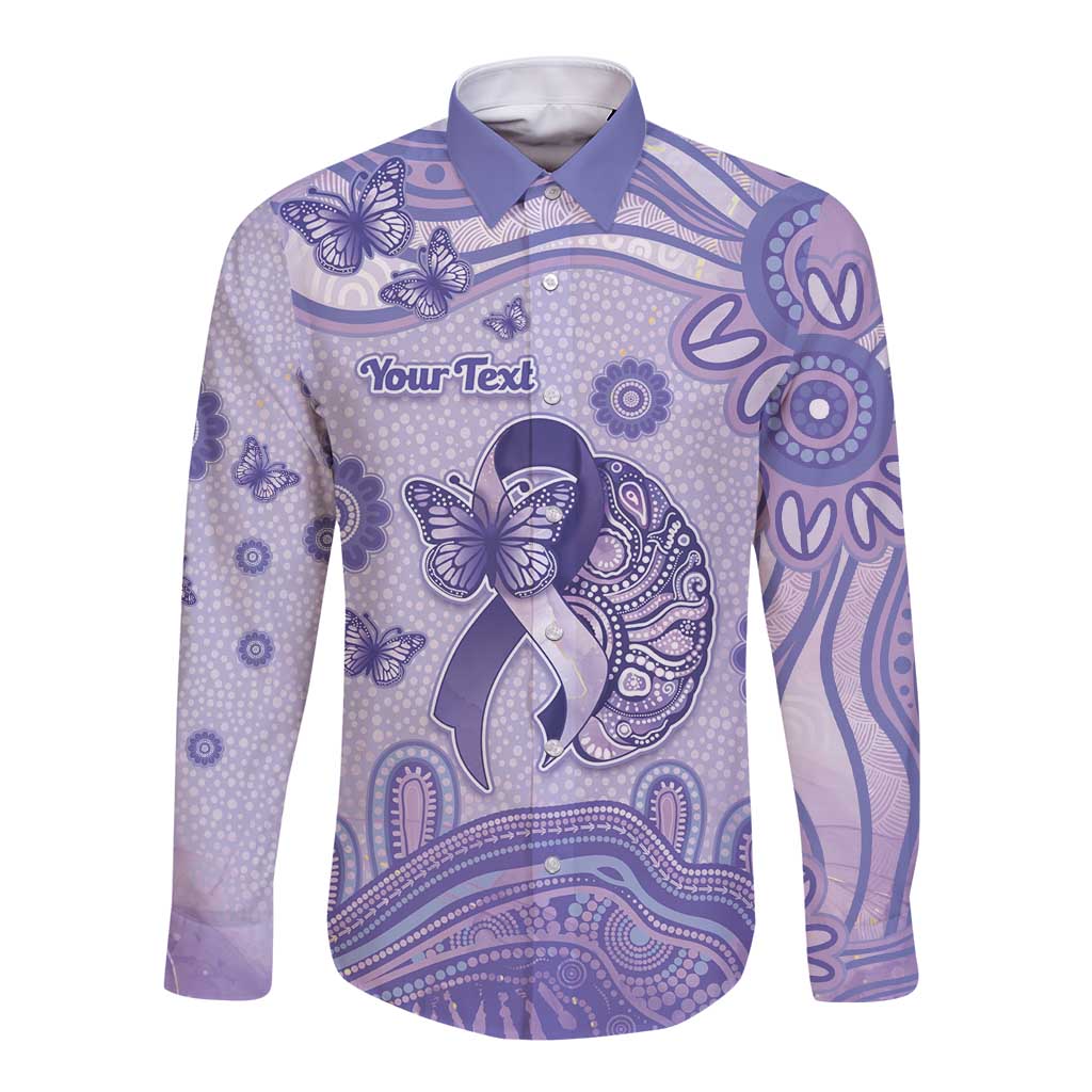 Personalised Epilepsy Awareness Long Sleeve Button Shirt Purple Ribbon Butterfly And Brain Aboriginal Art