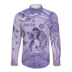 Personalised Epilepsy Awareness Long Sleeve Button Shirt Purple Ribbon Butterfly And Brain Aboriginal Art