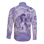 Personalised Epilepsy Awareness Long Sleeve Button Shirt Purple Ribbon Butterfly And Brain Aboriginal Art