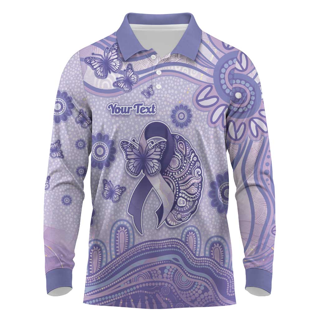 Personalised Epilepsy Awareness Long Sleeve Polo Shirt Purple Ribbon Butterfly And Brain Aboriginal Art