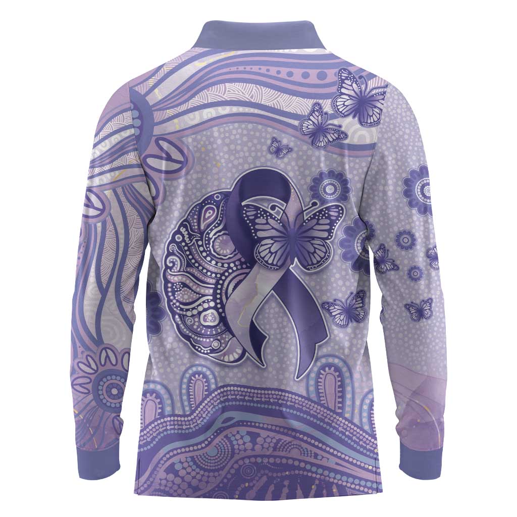 Personalised Epilepsy Awareness Long Sleeve Polo Shirt Purple Ribbon Butterfly And Brain Aboriginal Art