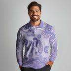 Personalised Epilepsy Awareness Long Sleeve Polo Shirt Purple Ribbon Butterfly And Brain Aboriginal Art