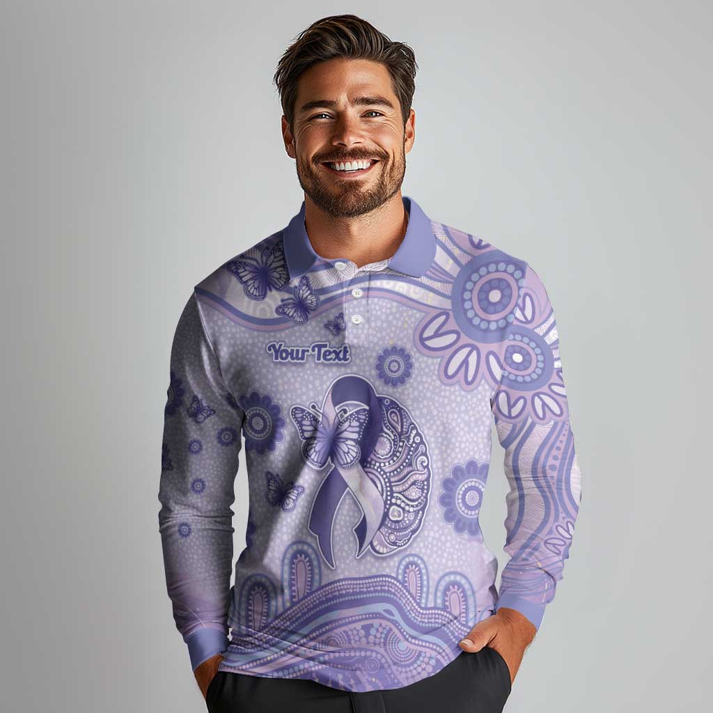 Personalised Epilepsy Awareness Long Sleeve Polo Shirt Purple Ribbon Butterfly And Brain Aboriginal Art
