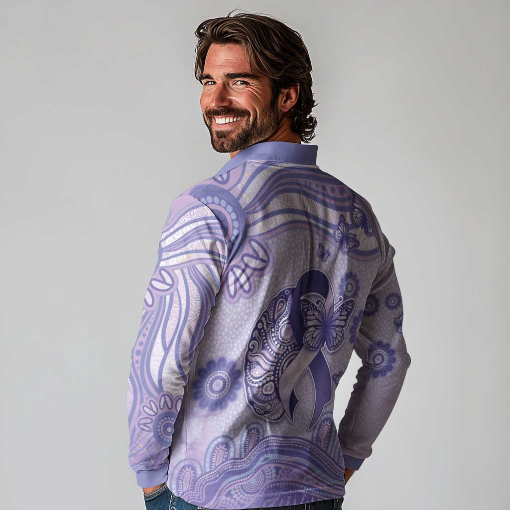 Personalised Epilepsy Awareness Long Sleeve Polo Shirt Purple Ribbon Butterfly And Brain Aboriginal Art