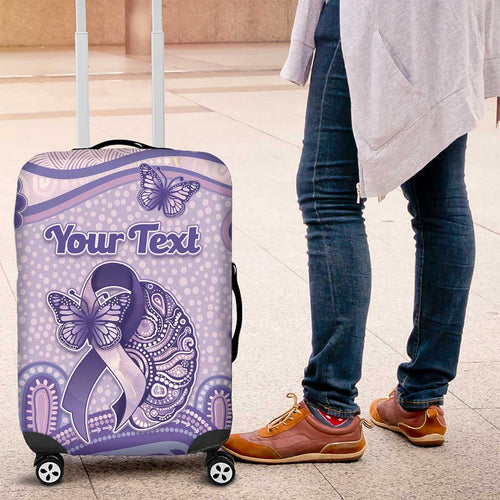 Personalised Epilepsy Awareness Luggage Cover Purple Ribbon Butterfly And Brain Aboriginal Art