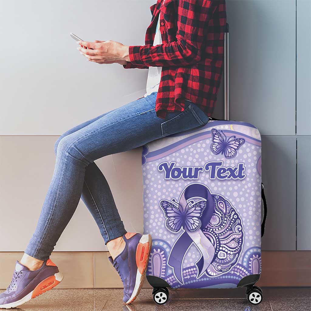 Personalised Epilepsy Awareness Luggage Cover Purple Ribbon Butterfly And Brain Aboriginal Art