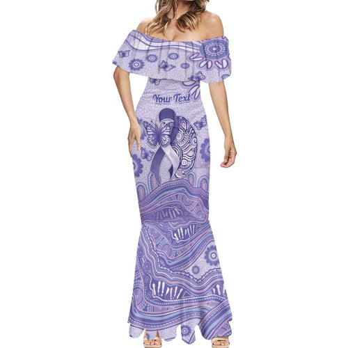 Personalised Epilepsy Awareness Mermaid Dress Purple Ribbon Butterfly And Brain Aboriginal Art