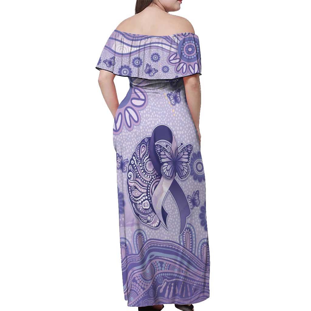 Personalised Epilepsy Awareness Off Shoulder Maxi Dress Purple Ribbon Butterfly And Brain Aboriginal Art