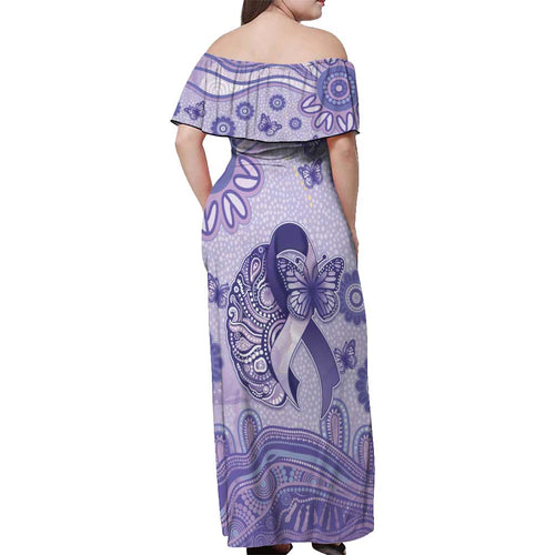 Personalised Epilepsy Awareness Off Shoulder Maxi Dress Purple Ribbon Butterfly And Brain Aboriginal Art