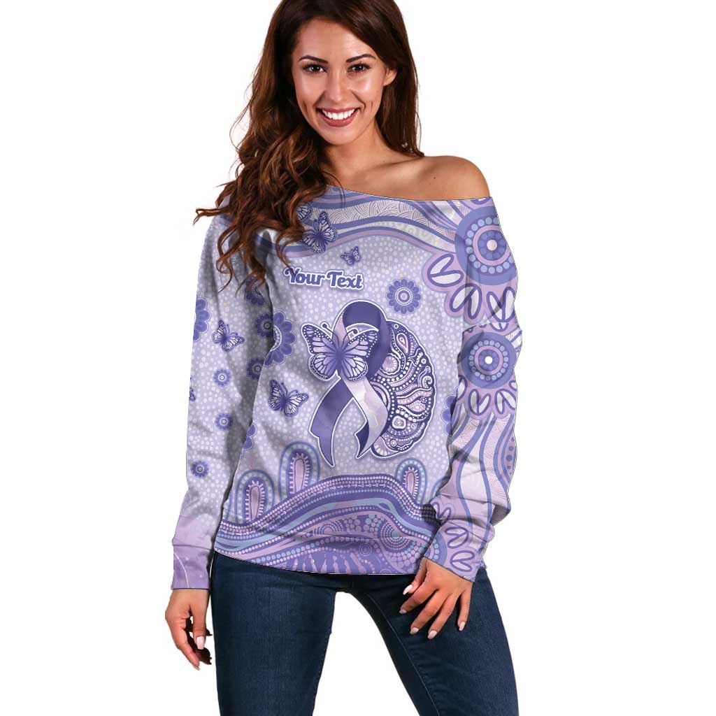 Personalised Epilepsy Awareness Off Shoulder Sweater Purple Ribbon Butterfly And Brain Aboriginal Art
