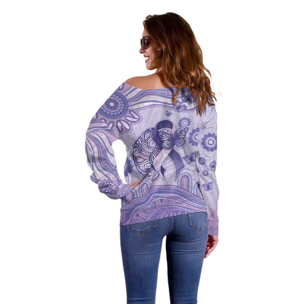 Personalised Epilepsy Awareness Off Shoulder Sweater Purple Ribbon Butterfly And Brain Aboriginal Art