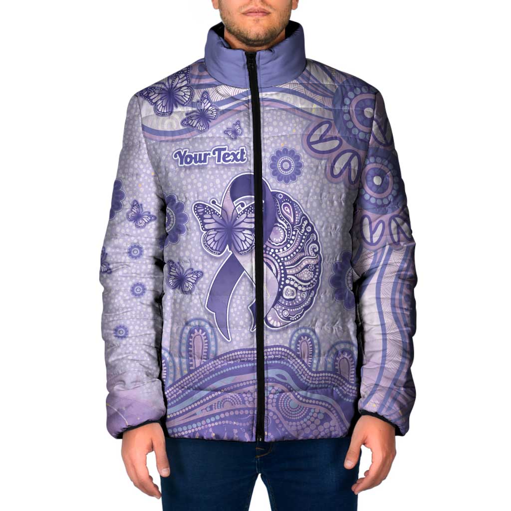 Personalised Epilepsy Awareness Padded Jacket Purple Ribbon Butterfly And Brain Aboriginal Art