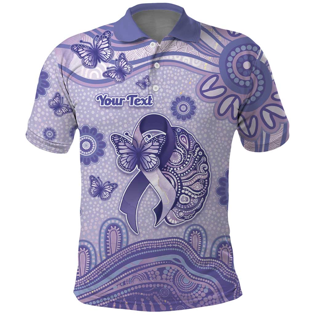 Personalised Epilepsy Awareness Polo Shirt Purple Ribbon Butterfly And Brain Aboriginal Art