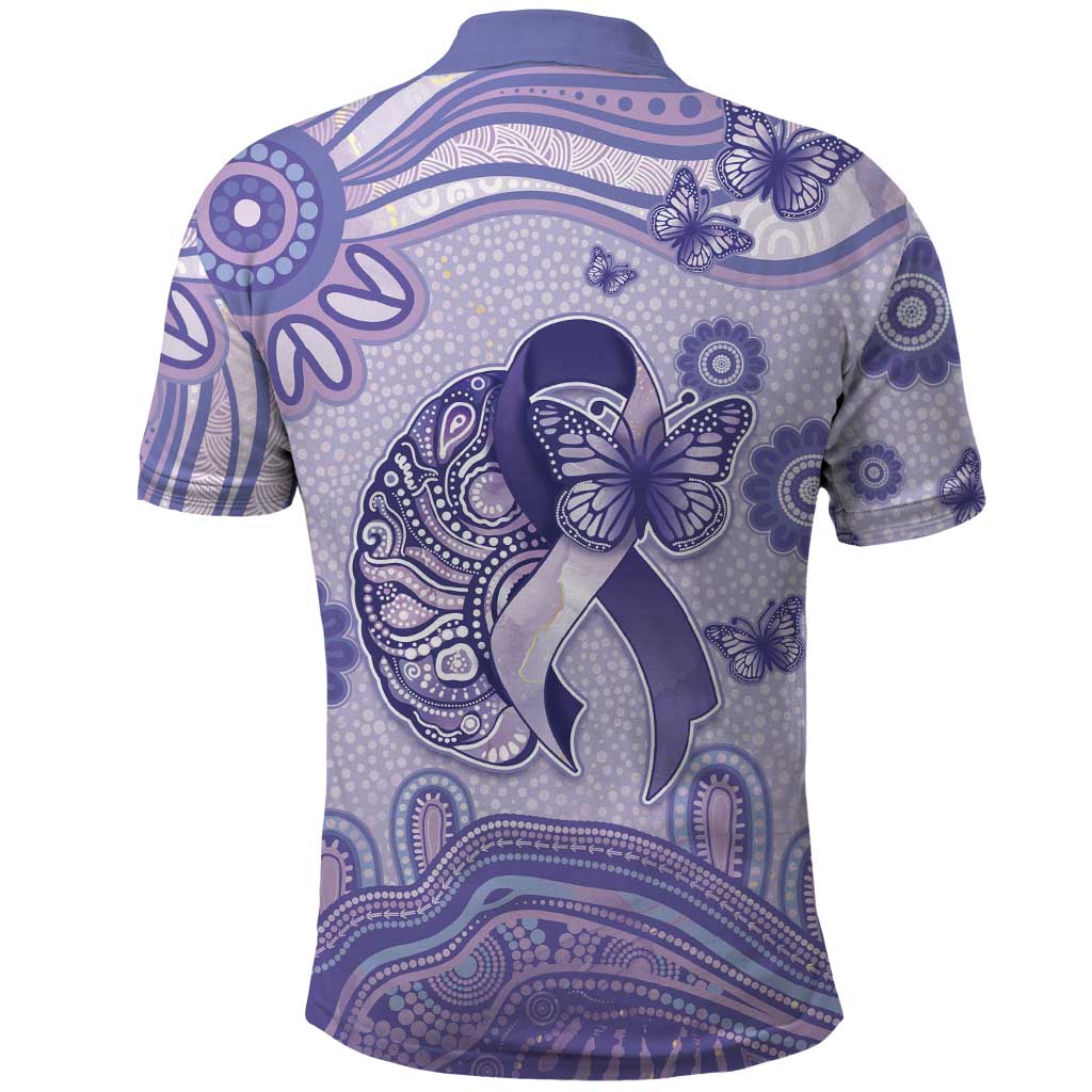 Personalised Epilepsy Awareness Polo Shirt Purple Ribbon Butterfly And Brain Aboriginal Art