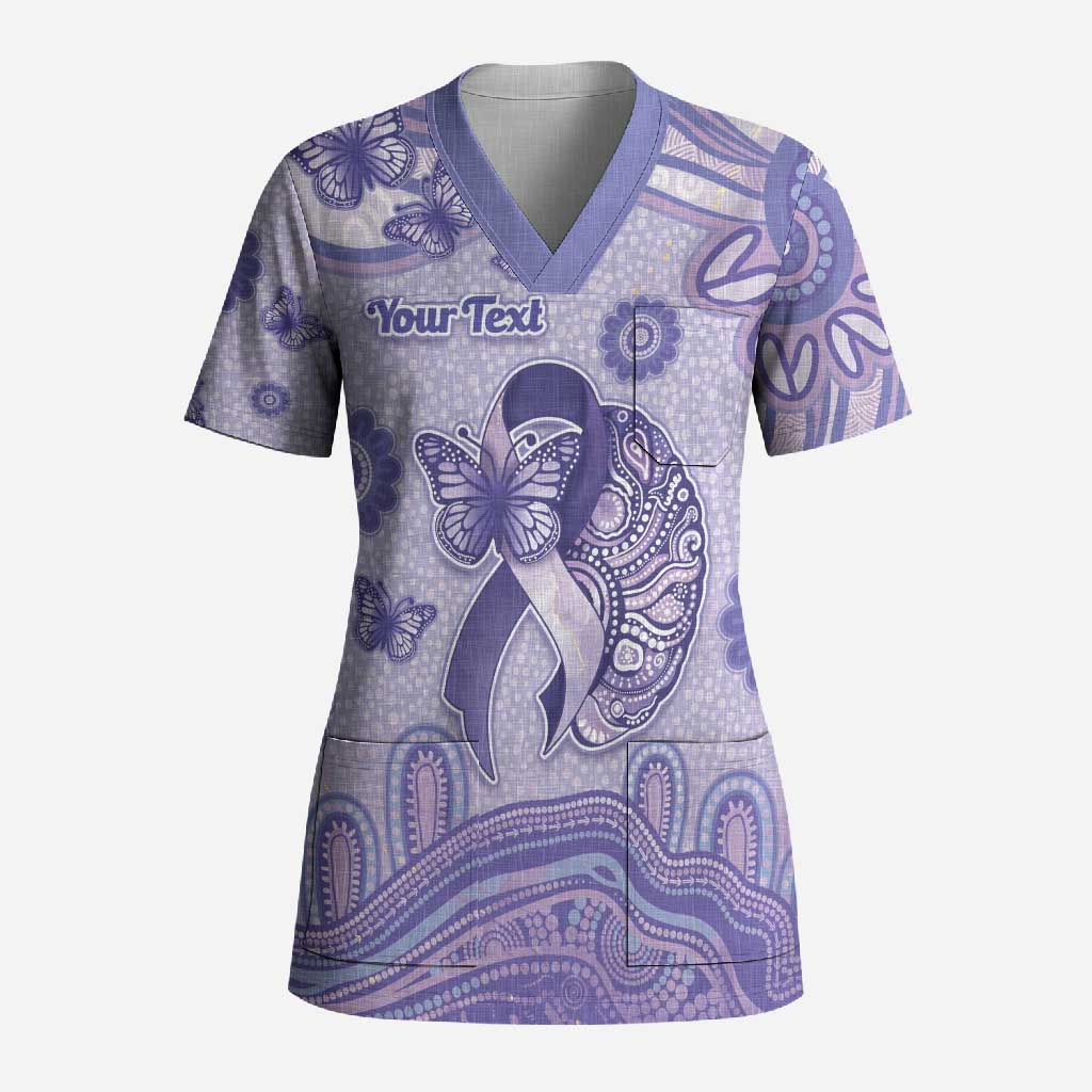 Personalised Epilepsy Awareness Scrub Top Purple Ribbon Butterfly And Brain Aboriginal Art