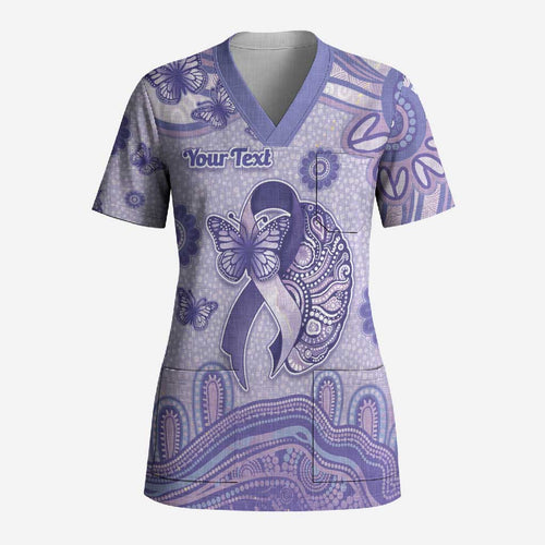 Personalised Epilepsy Awareness Scrub Top Purple Ribbon Butterfly And Brain Aboriginal Art