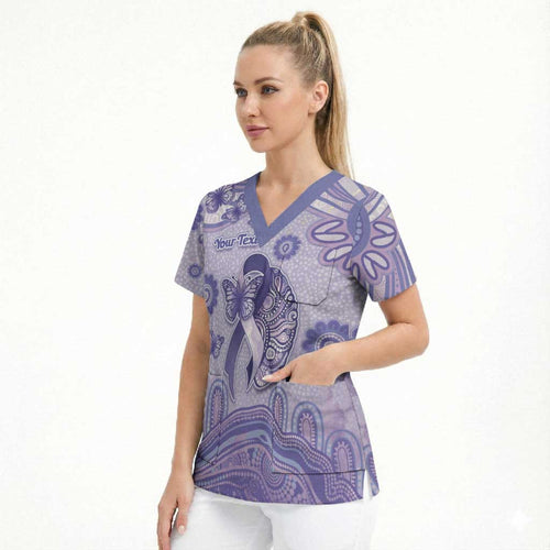 Personalised Epilepsy Awareness Scrub Top Purple Ribbon Butterfly And Brain Aboriginal Art
