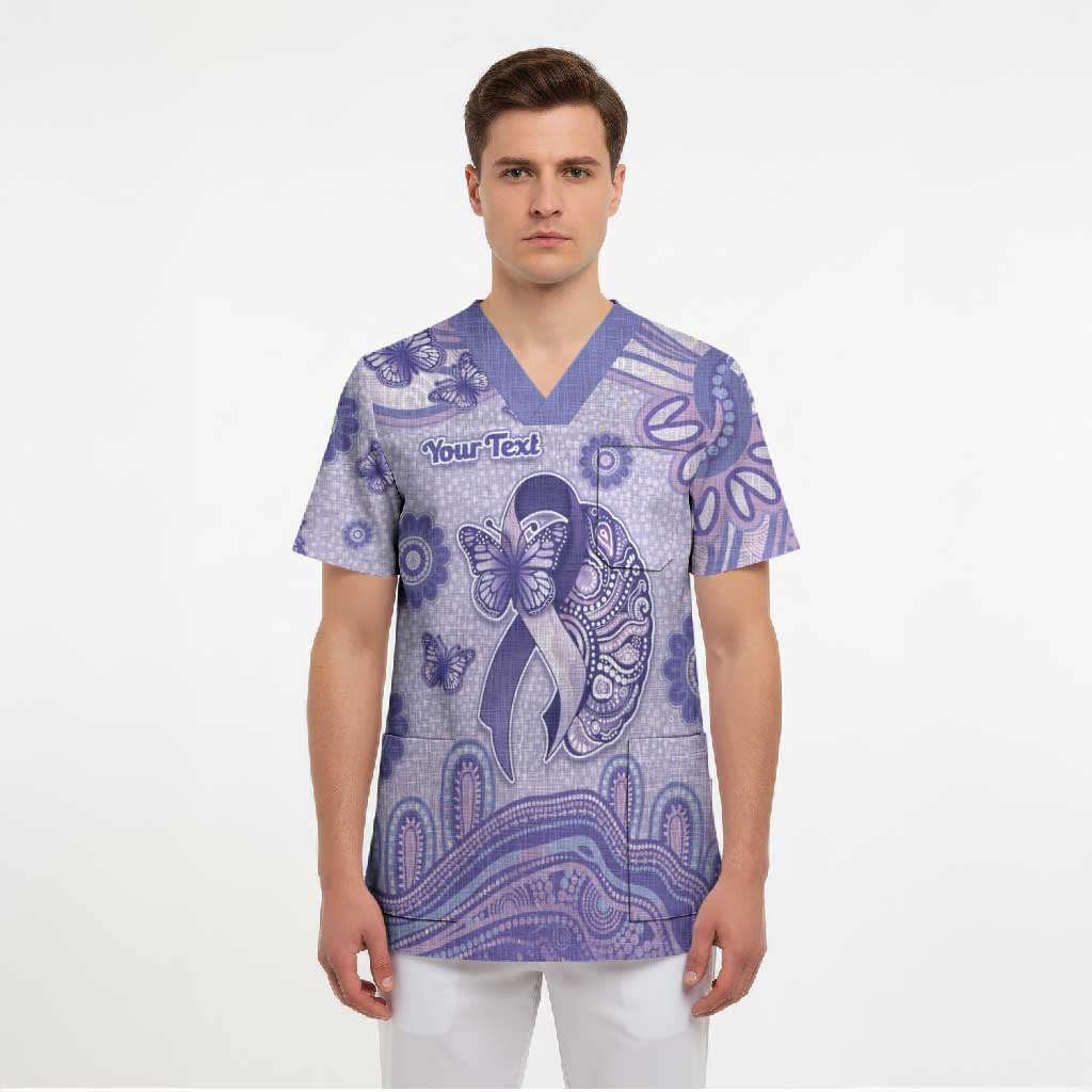 Personalised Epilepsy Awareness Scrub Top Purple Ribbon Butterfly And Brain Aboriginal Art