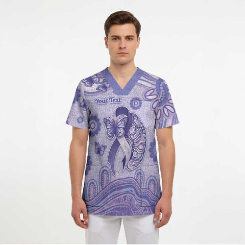 Personalised Epilepsy Awareness Scrub Top Purple Ribbon Butterfly And Brain Aboriginal Art