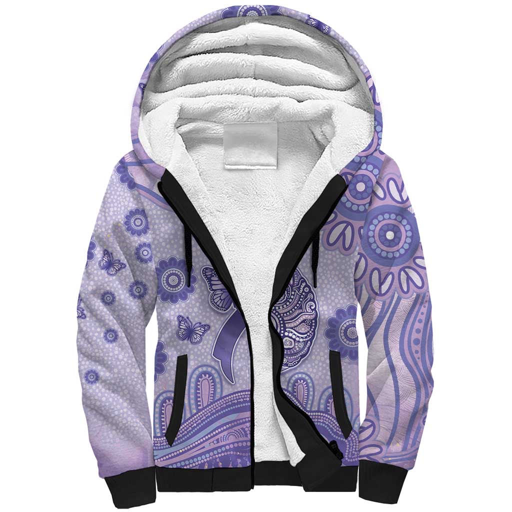 Personalised Epilepsy Awareness Sherpa Hoodie Purple Ribbon Butterfly And Brain Aboriginal Art