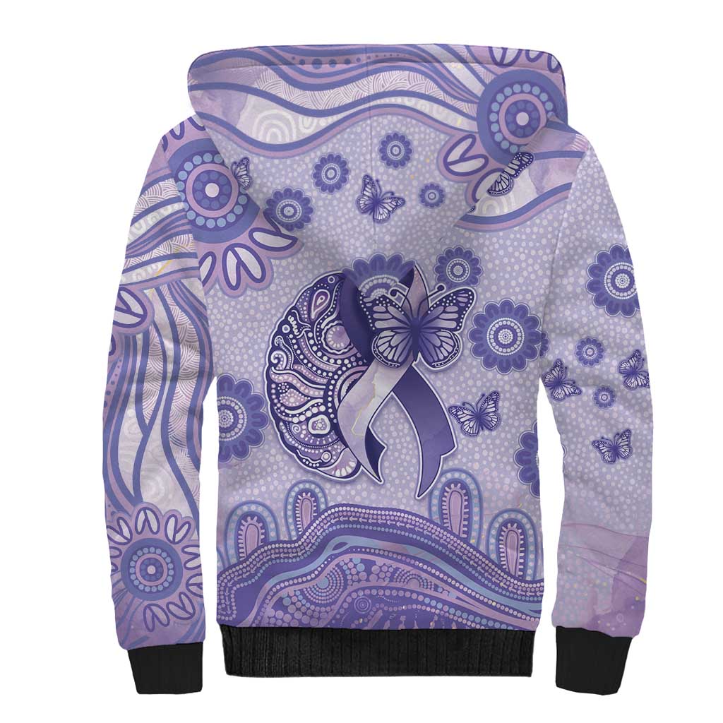 Personalised Epilepsy Awareness Sherpa Hoodie Purple Ribbon Butterfly And Brain Aboriginal Art