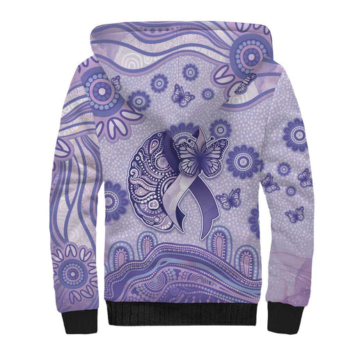 Personalised Epilepsy Awareness Sherpa Hoodie Purple Ribbon Butterfly And Brain Aboriginal Art