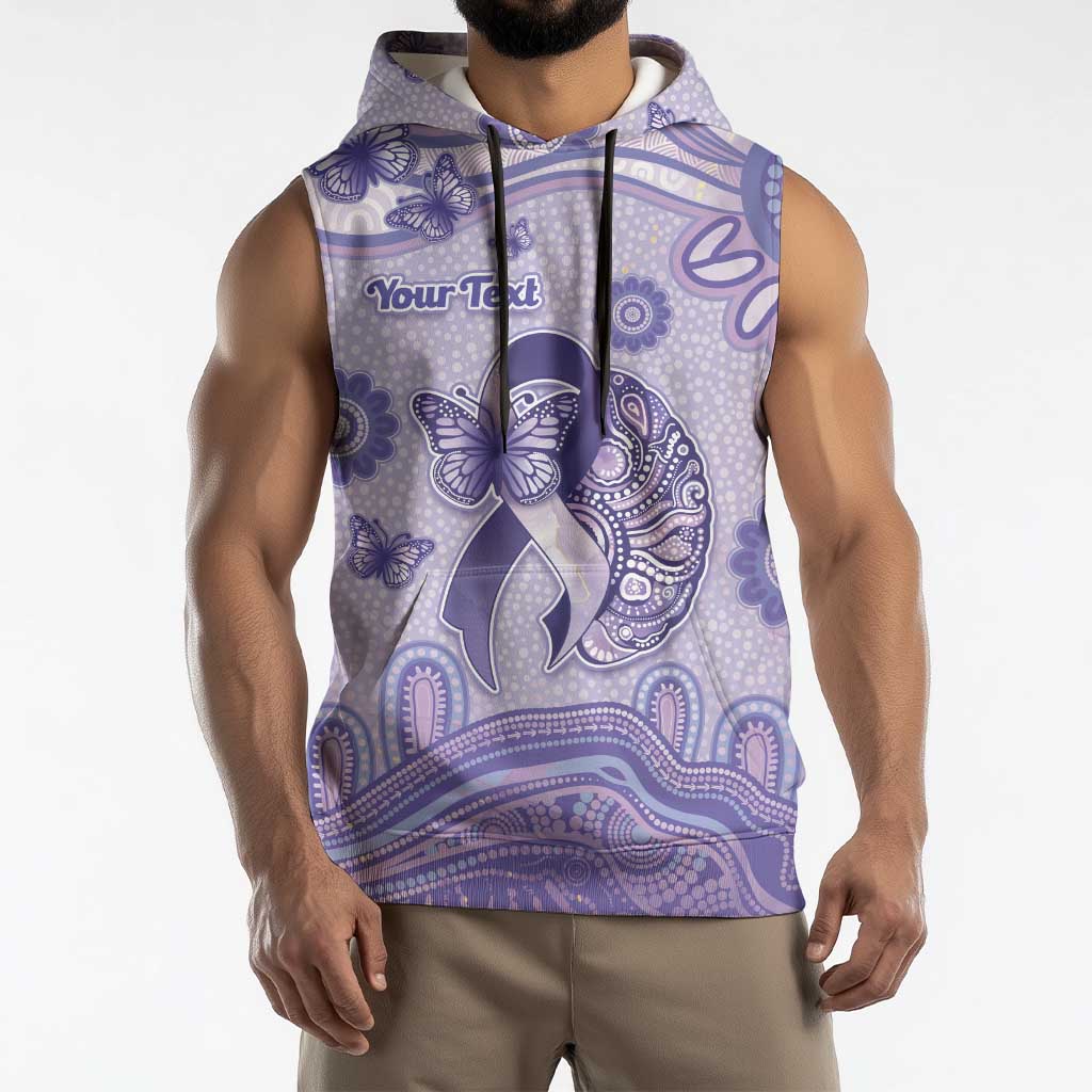 Personalised Epilepsy Awareness Sleeveless Hoodie Purple Ribbon Butterfly And Brain Aboriginal Art