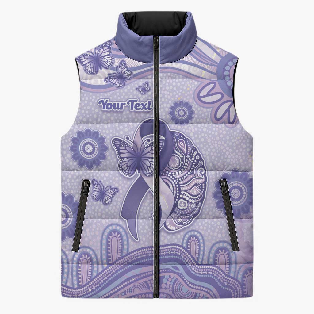 Personalised Epilepsy Awareness Sleeveless Puffer Jacket Purple Ribbon Butterfly And Brain Aboriginal Art