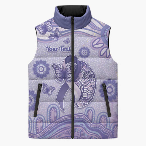 Personalised Epilepsy Awareness Sleeveless Puffer Jacket Purple Ribbon Butterfly And Brain Aboriginal Art