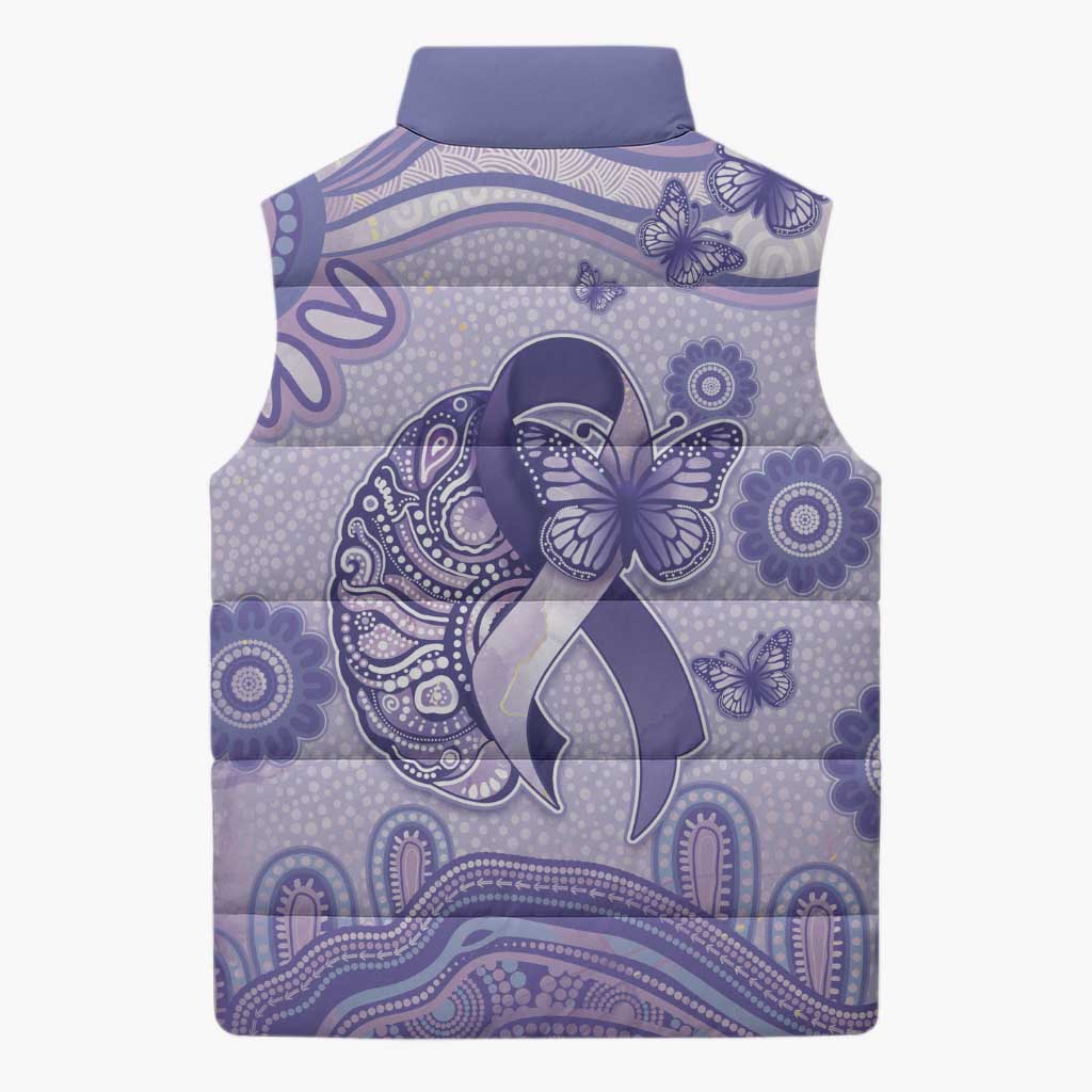 Personalised Epilepsy Awareness Sleeveless Puffer Jacket Purple Ribbon Butterfly And Brain Aboriginal Art