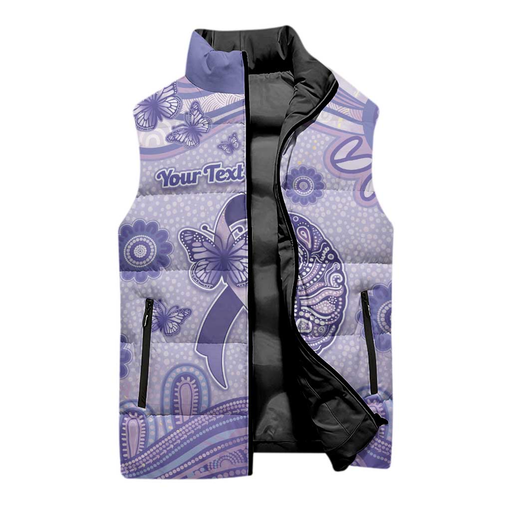 Personalised Epilepsy Awareness Sleeveless Puffer Jacket Purple Ribbon Butterfly And Brain Aboriginal Art