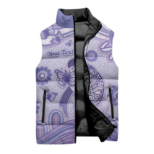 Personalised Epilepsy Awareness Sleeveless Puffer Jacket Purple Ribbon Butterfly And Brain Aboriginal Art