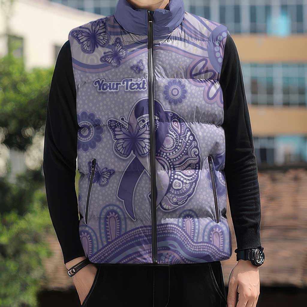 Personalised Epilepsy Awareness Sleeveless Puffer Jacket Purple Ribbon Butterfly And Brain Aboriginal Art