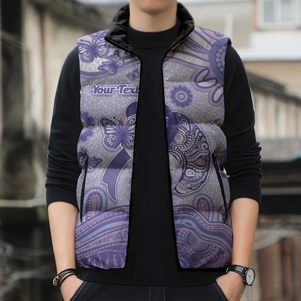 Personalised Epilepsy Awareness Sleeveless Puffer Jacket Purple Ribbon Butterfly And Brain Aboriginal Art