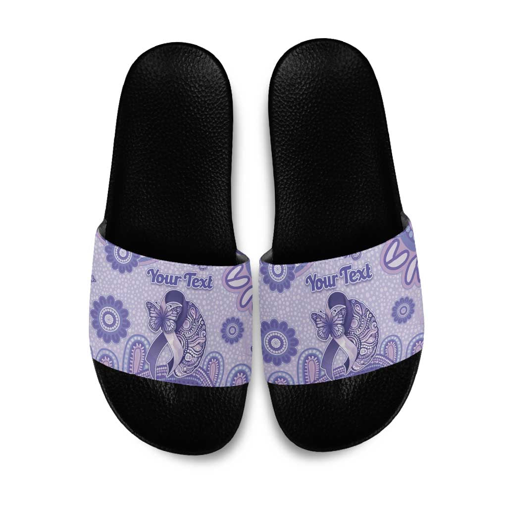 Personalised Epilepsy Awareness Slide Sandals Purple Ribbon Butterfly And Brain Aboriginal Art