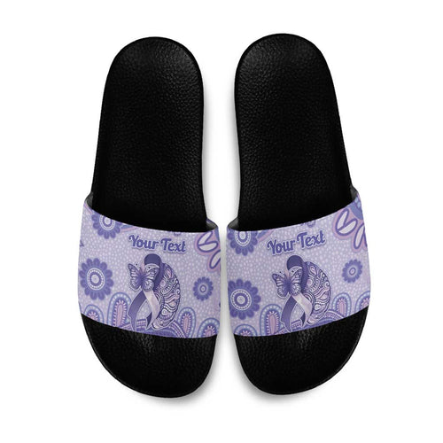 Personalised Epilepsy Awareness Slide Sandals Purple Ribbon Butterfly And Brain Aboriginal Art