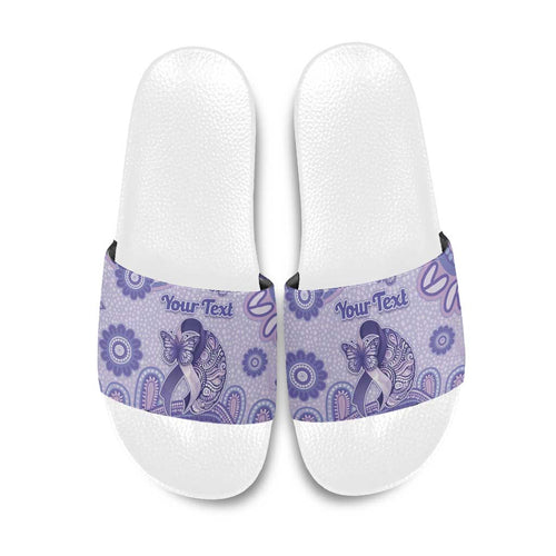 Personalised Epilepsy Awareness Slide Sandals Purple Ribbon Butterfly And Brain Aboriginal Art