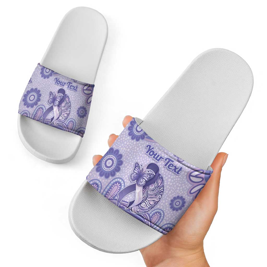 Personalised Epilepsy Awareness Slide Sandals Purple Ribbon Butterfly And Brain Aboriginal Art