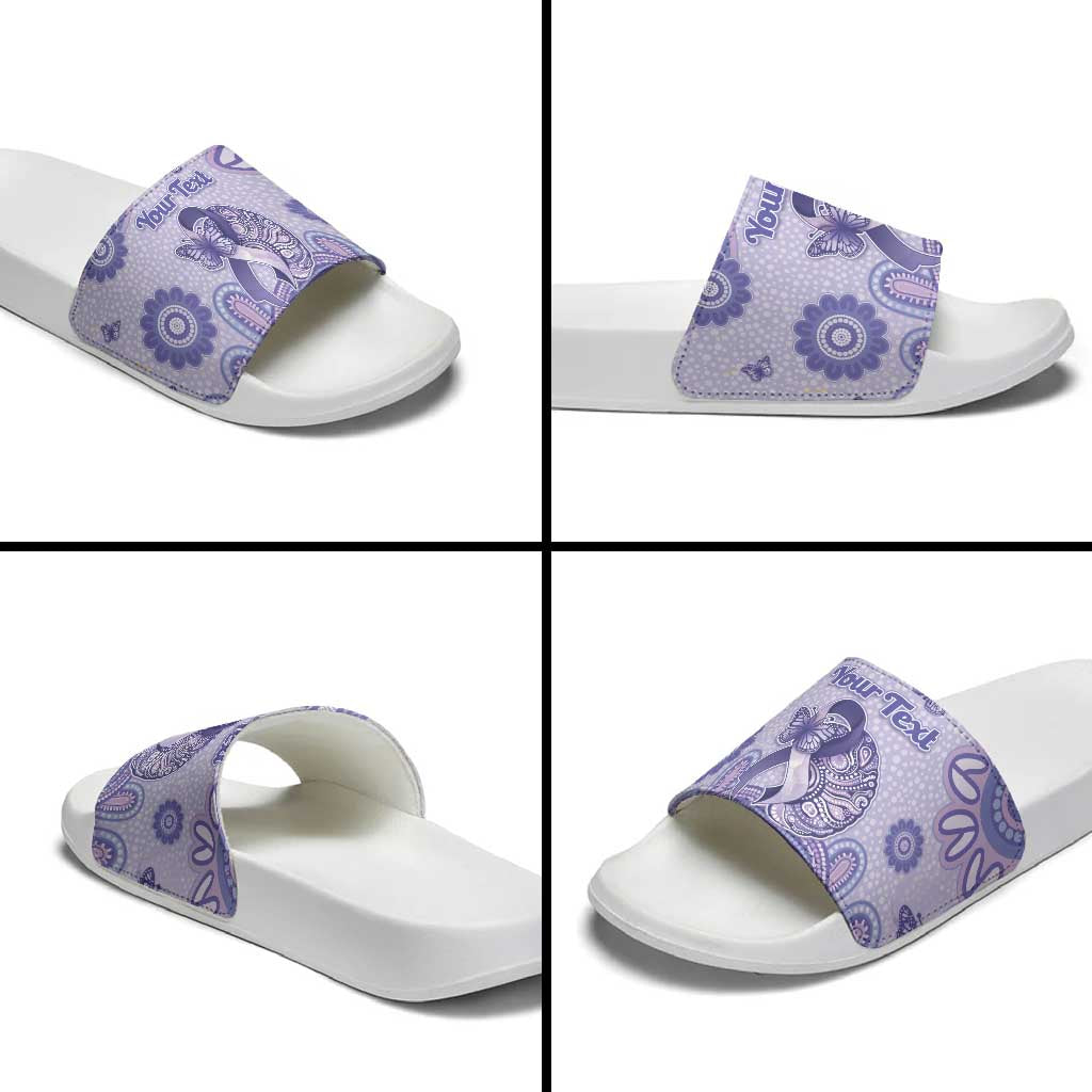 Personalised Epilepsy Awareness Slide Sandals Purple Ribbon Butterfly And Brain Aboriginal Art